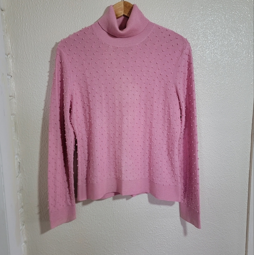 90s Etcetera Silk Cashmere Pom Pom Textured Turtleneck Sweater sz XL Pink